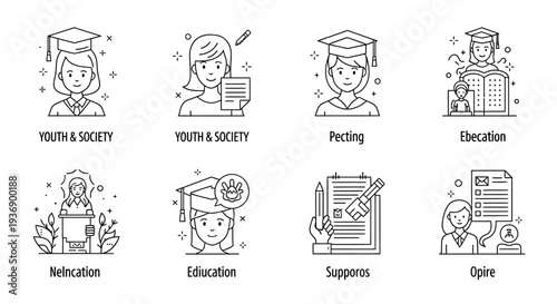 Set of education and youth icons depicting academic achievement and personal growth
