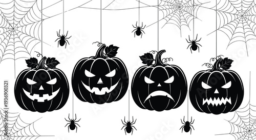 Halloween pumpkin and spider silhouette set, spooky jack o lantern icons, cad drawing flat vector illustration, scary spider web elements