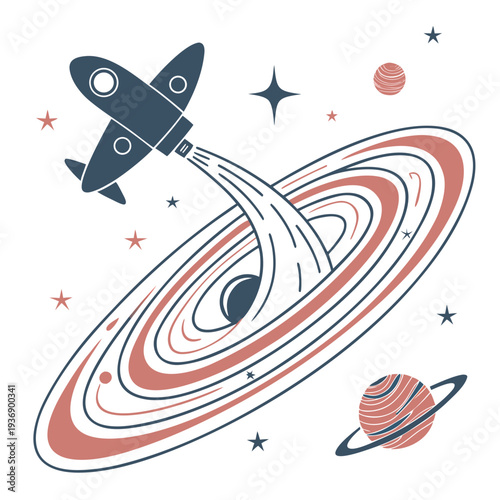 Of rocket flying into a planet ring system space rings