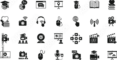 Online Education and Media Production Line Icons Set with Video, Podcast, Camera, Webinar, E Learning, Live Streaming and Digital Content Creation