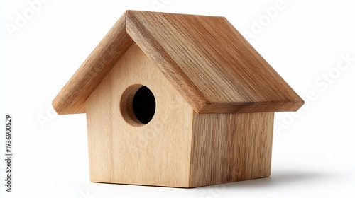 Wooden birdhouse, simple design, showing details of wood grain on white backdrop