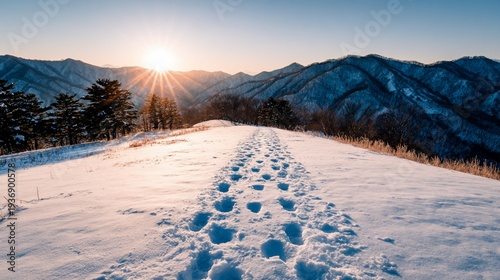 Footprints leading into a snowy path toward a sunrise over a mountain range
