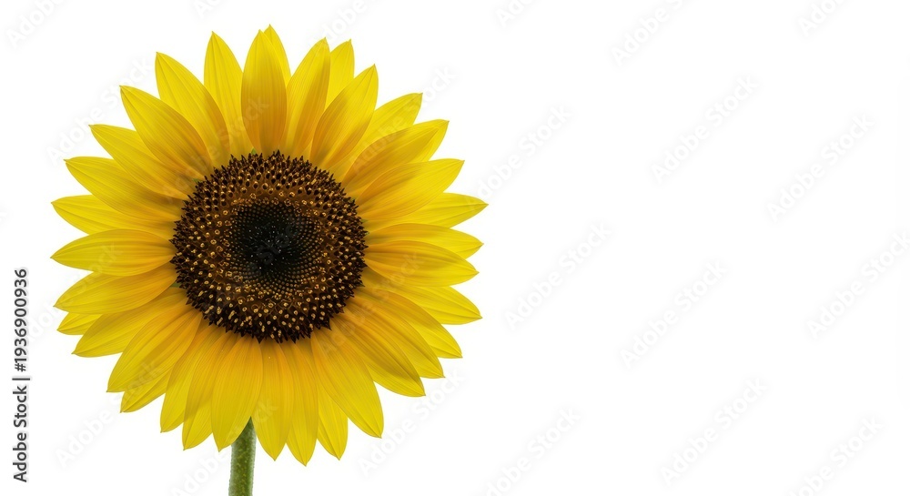 Fototapeta premium A single vibrant yellow sunflower blossom with dark center, showcasing detailed petals, perfectly isolated on a pure white studio background, floral, decoration, large