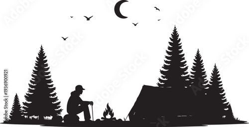 Forest Camping Scene with Tent and Campfire Silhouette – Outdoor Adventure Night Camp Concept, Perfect for Travel Posters and Nature Tourism Designs
