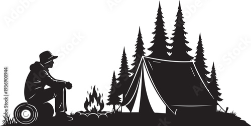 Forest Camping Scene with Tent and Campfire Silhouette – Outdoor Adventure Night Camp Concept, Perfect for Travel Posters and Nature Tourism Designs