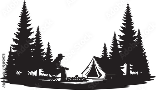 Forest Camping Scene with Tent and Campfire Silhouette – Outdoor Adventure Night Camp Concept, Perfect for Travel Posters and Nature Tourism Designs