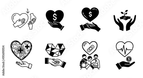 Set of black and white line and solid icons for charity, donation, healthcare, and community support