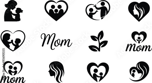 Motherhood and family love icon set, mom and child silhouettes, heart symbols, maternal care concept, minimal black vector illustration