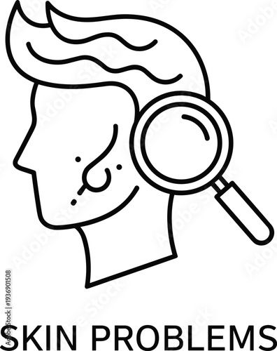 Skin Problems Analysis Line Icon with Face and Magnifying Glass, Dermatology Diagnosis, Acne Detection, Skincare Treatment and Medical Dermatologist Concept Illustration
