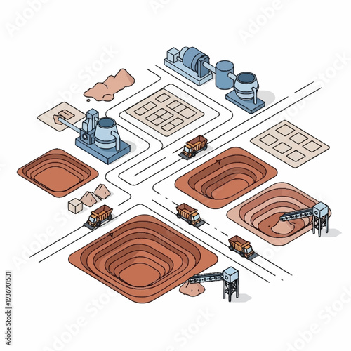Isometric illustration of a large-scale mining operation with multiple open-pit mines and processing facilities.
