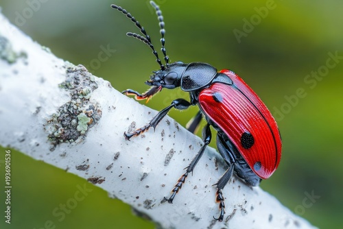 Red beetle with black spots on white branch against blurred green foliage