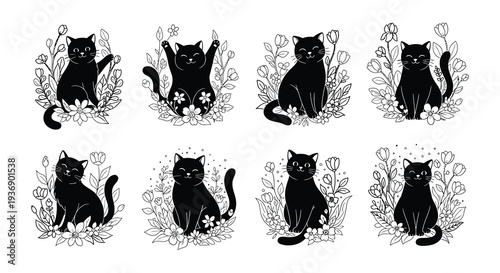 Collection of monochrome cat portraits surrounded by floral designs