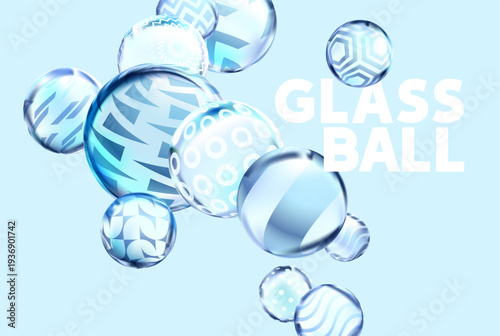 Blue glass transparent balls . Abstract background of  decoration glass spheres . 3D vector wallpaper.