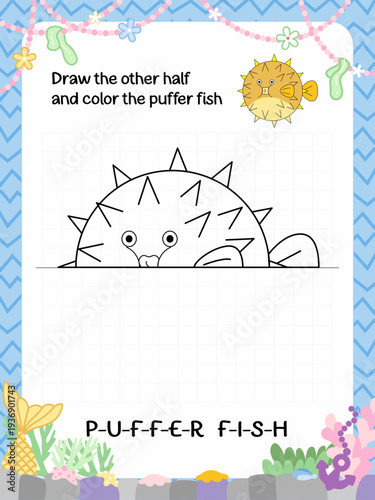 a coloring page of puffer fish with half drawing task for kids activity