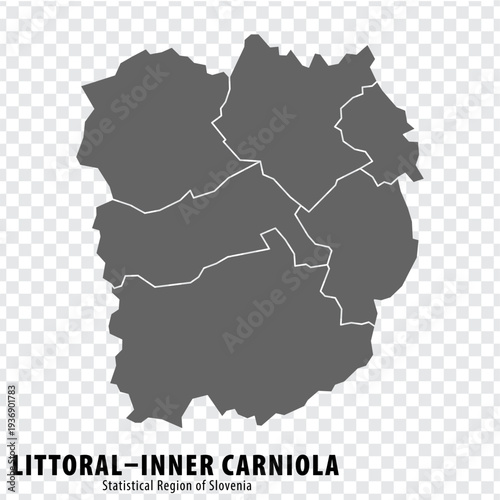 Blank map of Littoral–Inner Carniola Statistical Region. High quality map Littoral–Inner Carniola with municipalities on transparent background for your web site design, logo, app, UI. Slovenia. EPS10
