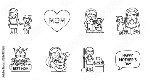 Charming black and white illustrations celebrating mothers and mother s day