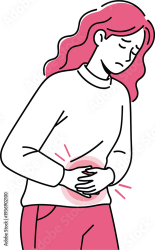 Woman suffering from stomach pain holding abdomen with abdominal cramps digestive problem healthcare concept medical symptom illustration in modern flat outline style