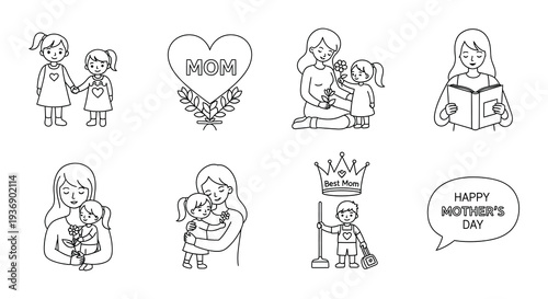 Charming black and white illustrations celebrating mothers and mother s day