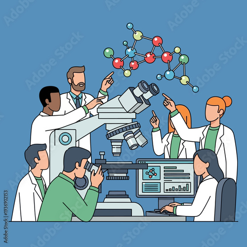 Diverse scientists collaborate around microscope and molecular model in lab