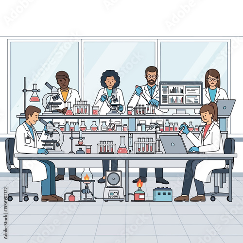 Diverse scientists collaborating in a modern laboratory, conducting research with microscopes and test tubes.