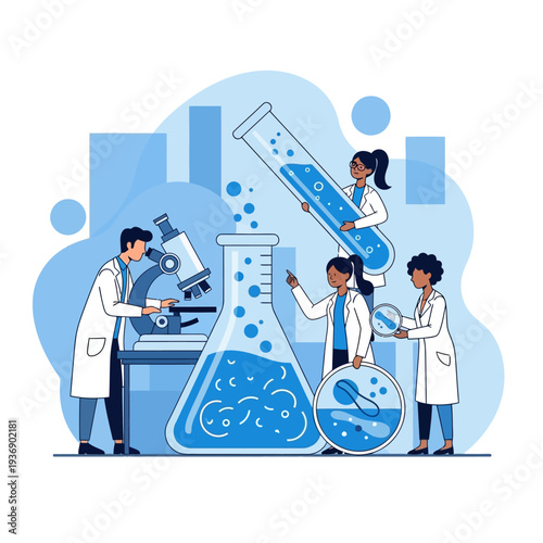 Diverse scientists in lab coats conducting research with microscope and flasks, blue tones