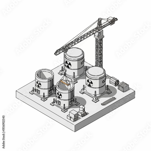 Isometric illustration of a nuclear power plant under construction with a crane and reactors.