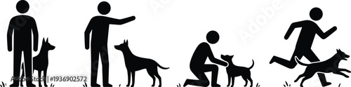 Black silhouette icons of man and dog interacting including standing, training, petting, and running together in grass, isolated on white.