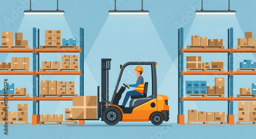 Forklift operator carefully moving boxes in a well-organized warehouse setting.
