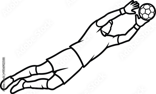Black and white line art illustration depicts a determined soccer goalkeeper making a dynamic diving save to catch the ball.
