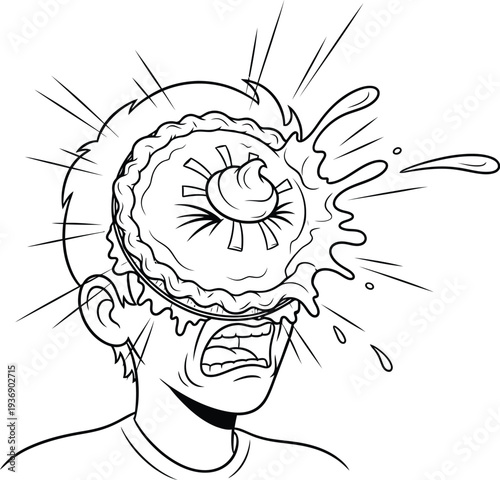 Cartoon style line art depicts a shocked man receiving a messy cream pie directly to his surprised face causing splatter