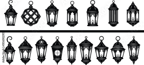 Vintage lantern silhouettes collection with decorative hanging lamps, classic metal light fixtures isolated on white background for Ramadan, festival and traditional lighting design