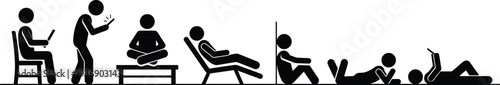 Stick figure silhouette icons set featuring people sitting, lying down, relaxing, and using mobile phones or tablets, isolated on white.