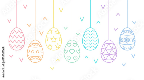 Easter egg outline vector background. Pastel colors, decorated with zigzags, stars, hearts, flowers and geometric patterns, hanging on strings, with decorative elements.