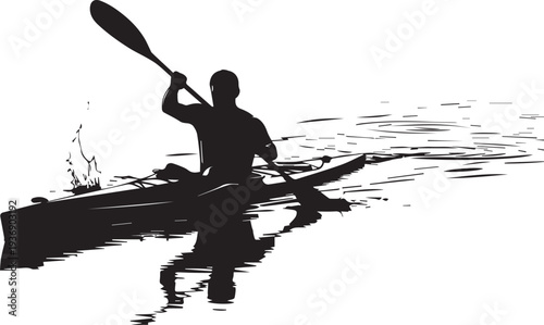 Kayaker Paddling on Calm Water Silhouette – Outdoor Water Sport and Adventure Travel Concept, Ideal for Recreation Branding and Nature Tourism
