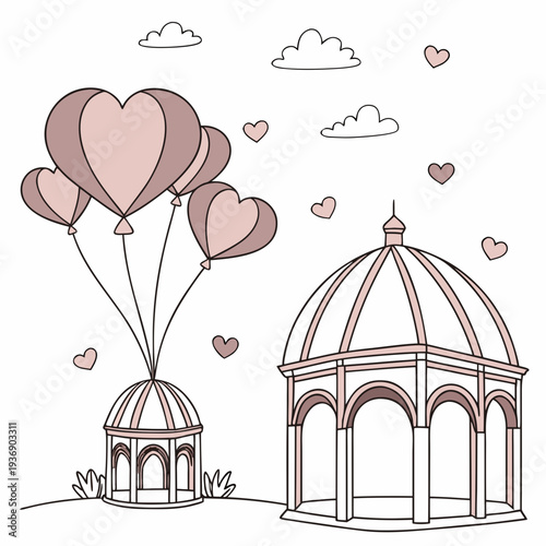 Heart shaped balloons tied to small gazebo with larger gazebo and hearts