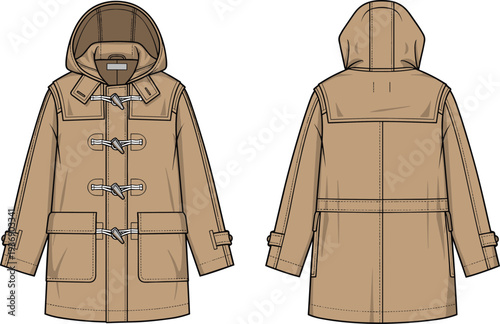 Beige duffle coat with hood and toggle closures, front and back view winter fashion illustration template design