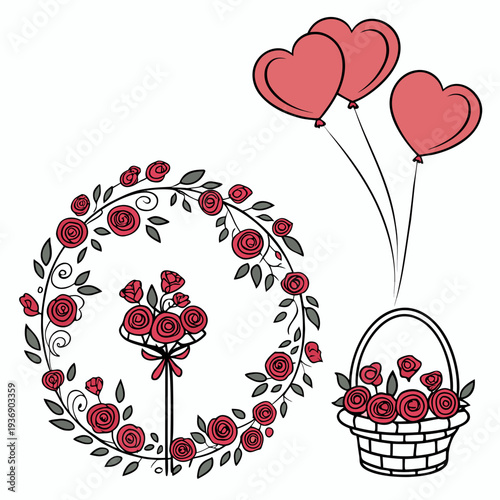 Of circular floral wreath bouquet basket heart balloons