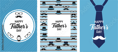 Happy Fathers Day greeting card set with blue stripes necktie and mustache, dad celebration banners, cad drawing flat vector illustration