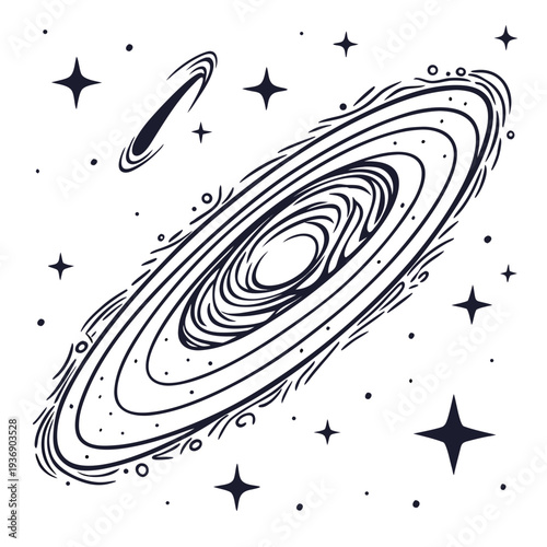 Black and white of a spiral nebula with stars galaxy