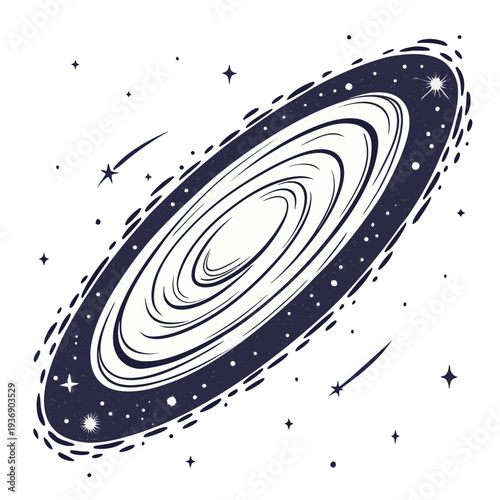 Navy blue and white of a ringed planet in space rings