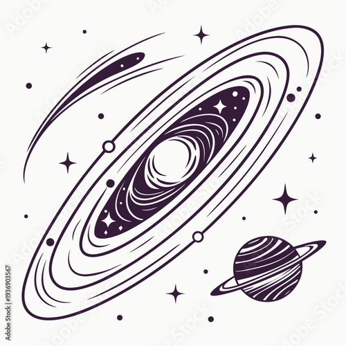 Purple of a rotating gas giant planet with rings and a smaller planet