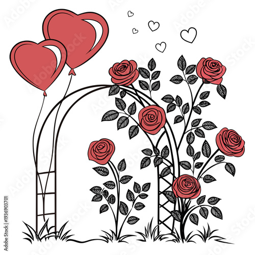 Red roses on black trellis with heart balloons white background