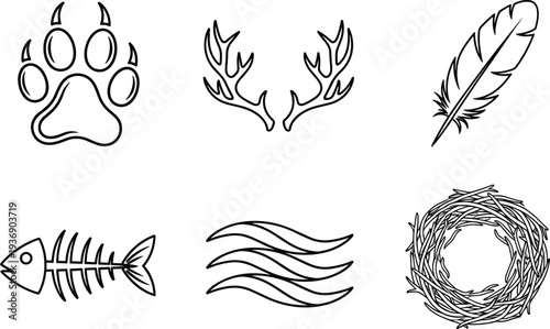 Nature and wildlife icon set with paw print, antlers, feather, fish bone, waves, and nest, cad drawing flat vector illustration.