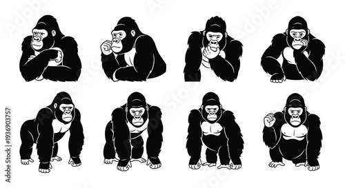 A series of black and white illustrations depicting thoughtful gorillas
