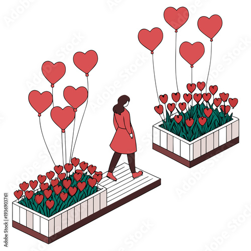 Woman in red dress walking between heart shaped flower boxes