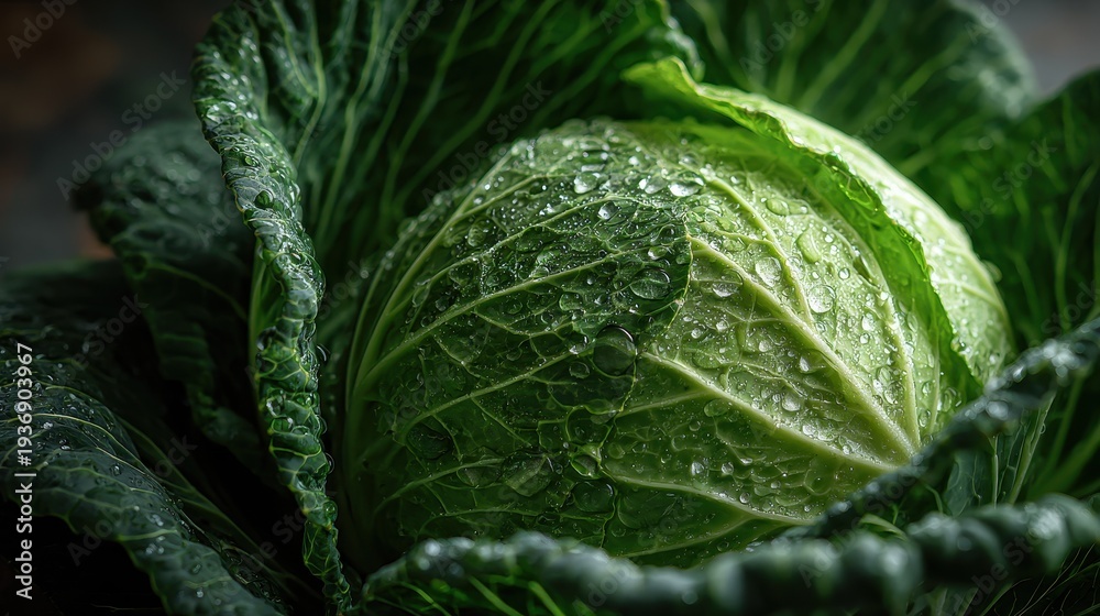 Obraz premium Vibrant green cabbage head with droplets, macro close-up showing texture and moisture