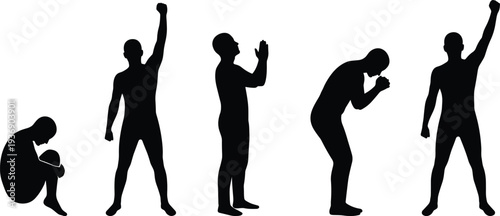 Silhouette of man in different poses expressing various emotions like sadness, victory, prayer, hope, and success isolated on white background