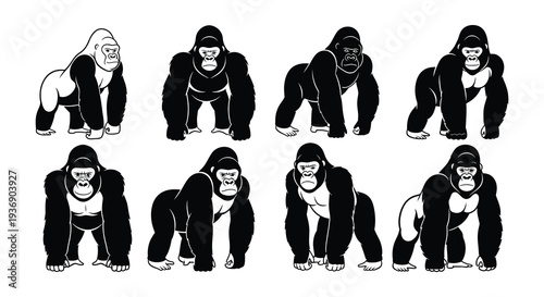 A series of black and white illustrations depicting thoughtful gorillas