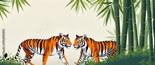Tiger and bamboo border frame with copy space for World Wildlife Day protection themes concept as Tiger and bamboo elements creating a border with central copy space for protection themes on World Wil