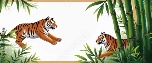 Tigers gracefully move through a lush bamboo forest, the camera slowly pans to capture their elegant stride, while gentle leaves sway in a vibrant, animated style.